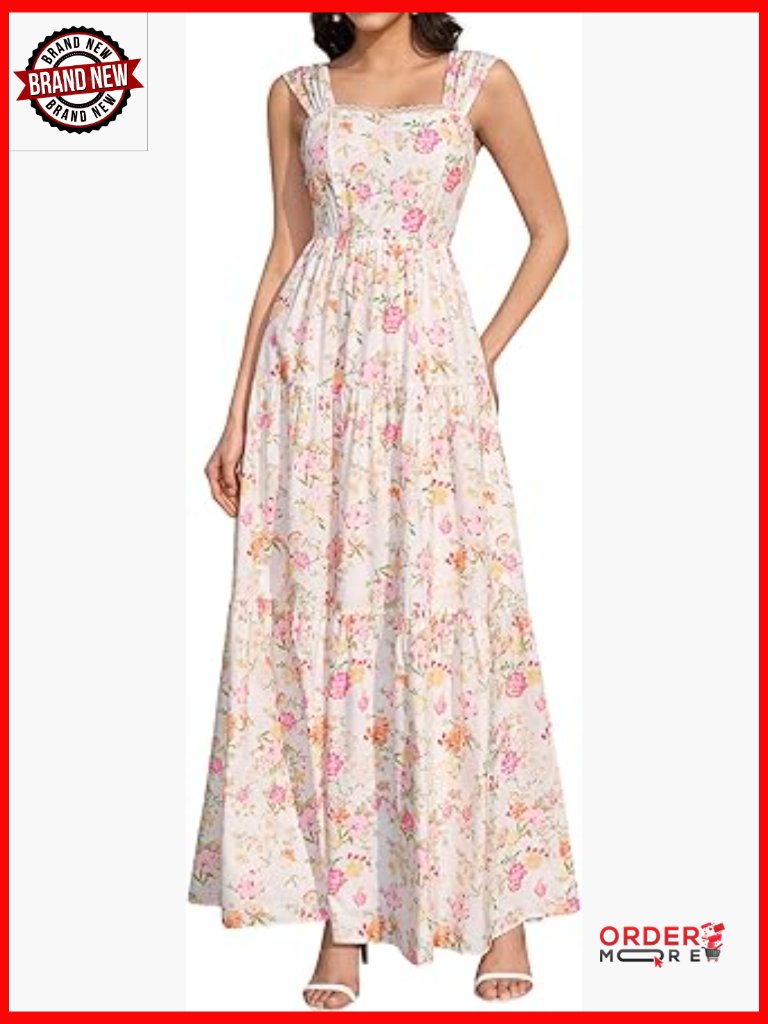 Floral Maxi Dress Square Neck Lace Up Corset A-Line Flowy Summer Wedding Guest